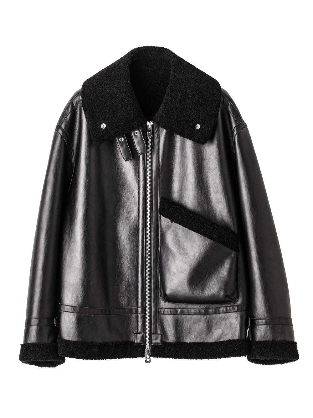 sj.0032AW25-black x black faux mouton flight jacket. The Black-and