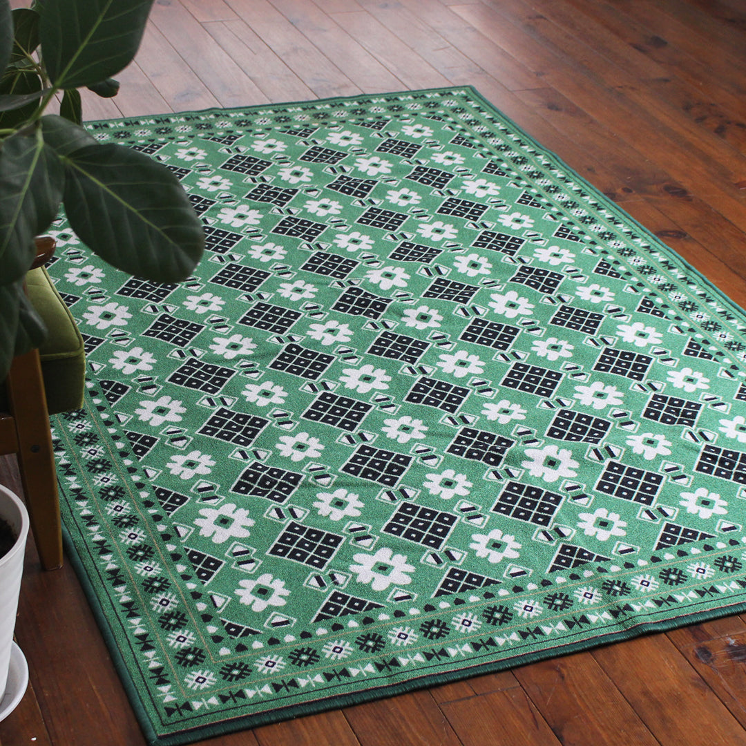 ヴィンテージ風ラグ TOCORU Series バルーチ フラワー ループ グリーン