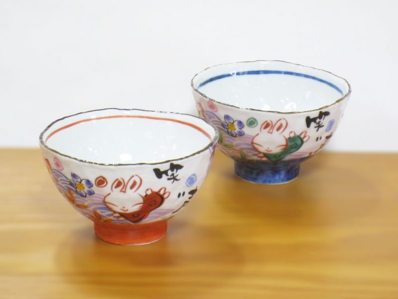 夕立窯 清流桜うさぎ 飯碗ペア - 土岐陶器本店