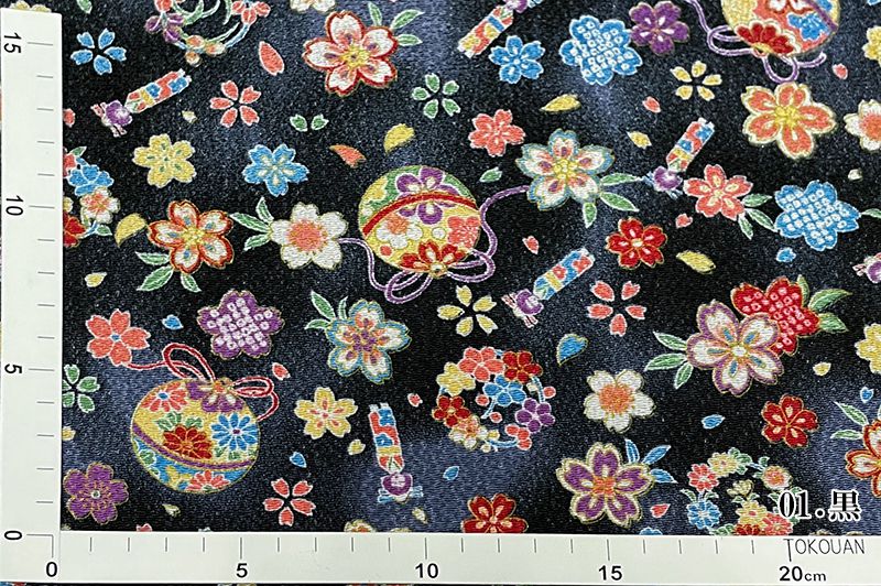 金彩ちりめん生地販売 手毬に人形桜柄の生地通販の都香庵