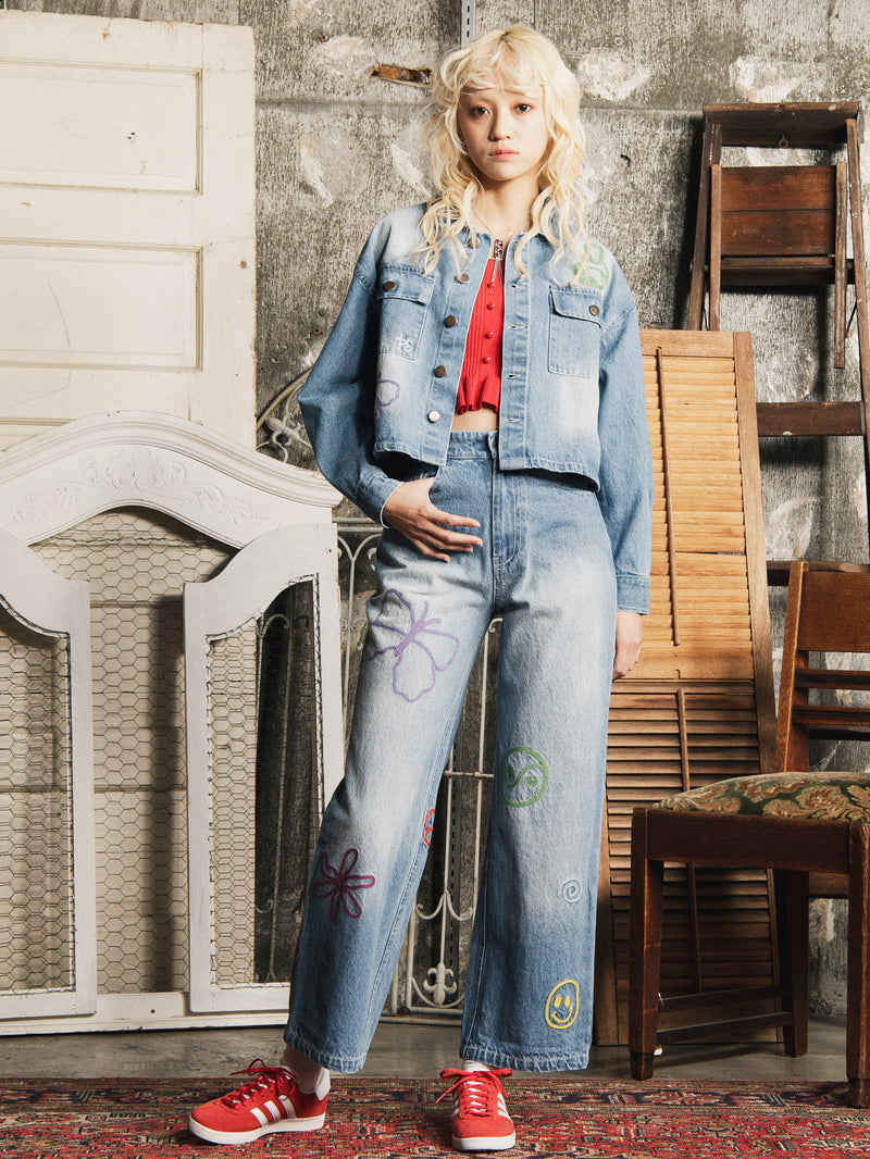 2色展開】Emerald Motel カラフル刺繍 デニムパンツ – 古着屋Top of