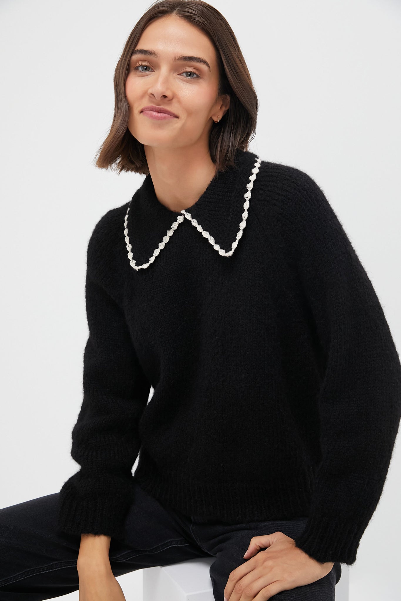 Black with Soft White Crochet Collar Pullover | THE GREAT.