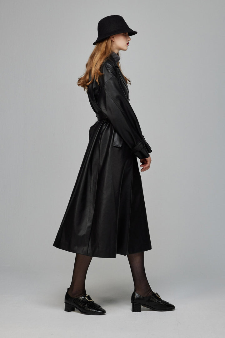 黒幕の登場》ダブルブレストフェイクレザーコート-Black – Tnewties