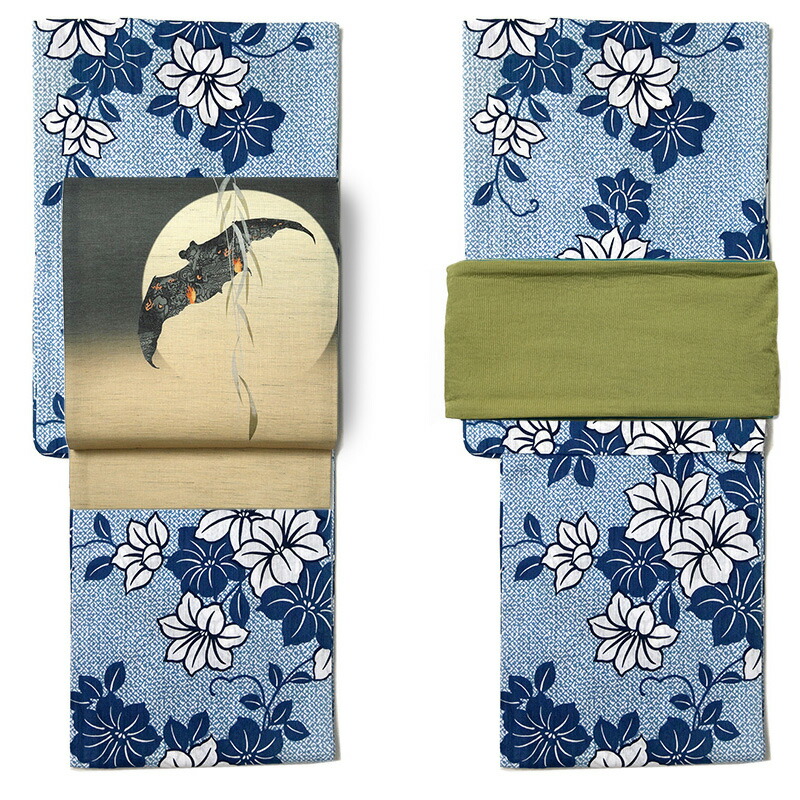 楽天市場】夏着物 つやび×雅姫 藍捺染 綿麻 鉄線 古典柄 花柄 青 白