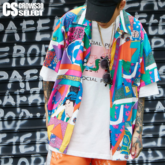 楽天市場】シャツ メンズ 浮世絵柄 和柄 総柄 プリント 半袖 シャツ