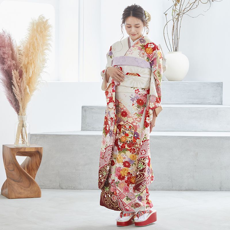 楽天市場】【成人式 振袖 レンタル】RS1540 正絹 白 流水に菊牡丹貝桶