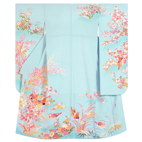 加賀友禅振袖 正絹 藍色 美品 縁起良い柄 成人式 長襦袢つき 加賀友禅