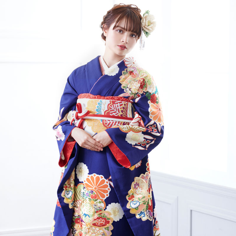 楽天市場】【成人式 振袖 レンタル】RS1621 正絹 紺 松笹に桜と菊フル