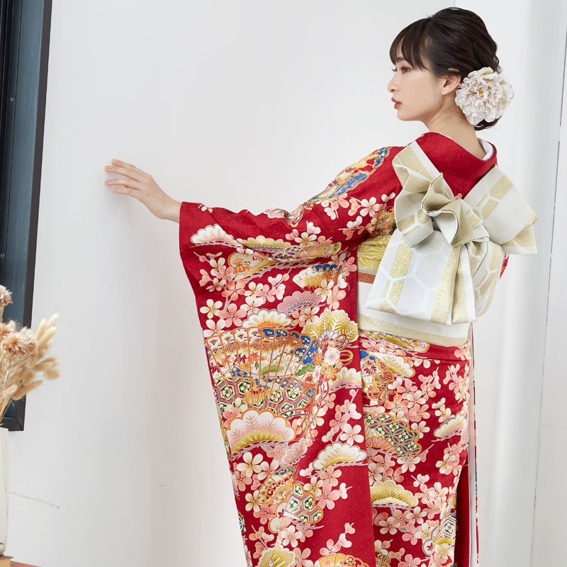楽天市場】【成人式 振袖 レンタル】RS1714 正絹 赤 松桜に桧扇フル