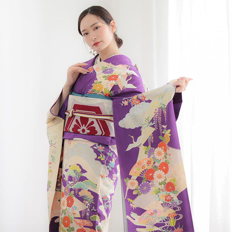 楽天市場】【振袖 レンタル】 結婚式 結納R1738 正絹 紫 花に飛鶴と扇