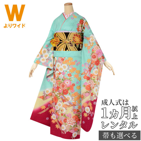 楽天市場】【成人式 振袖 レンタル】RS1869 正絹 青緑 短冊に季節の花