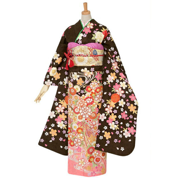 楽天市場】【成人式 振袖 レンタル】RS1062 正絹 茶 花くす玉に流水桜