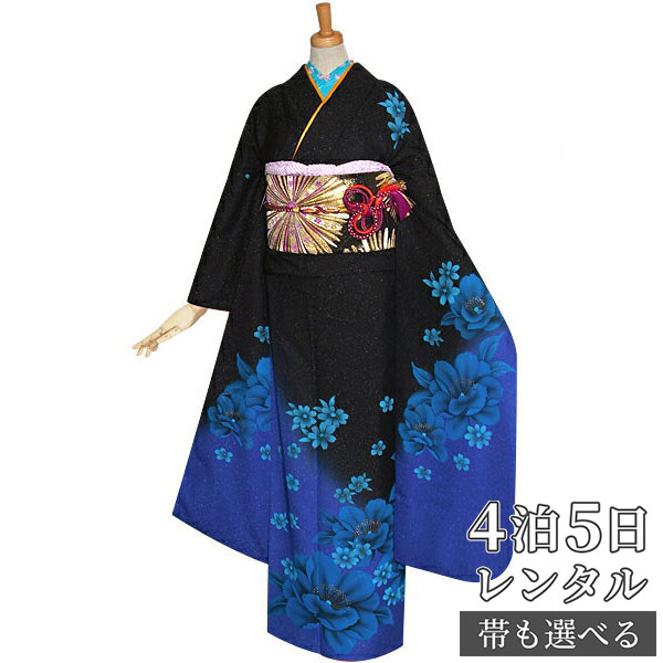 楽天市場】【振袖 レンタル】 結婚式 結納R1192 正絹 黒×ブルー 八重桜