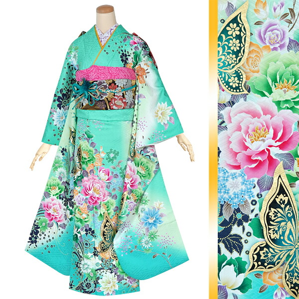 楽天市場】【成人式 振袖 レンタル】RS1352 正絹 グリーン 乙女な花 蝶