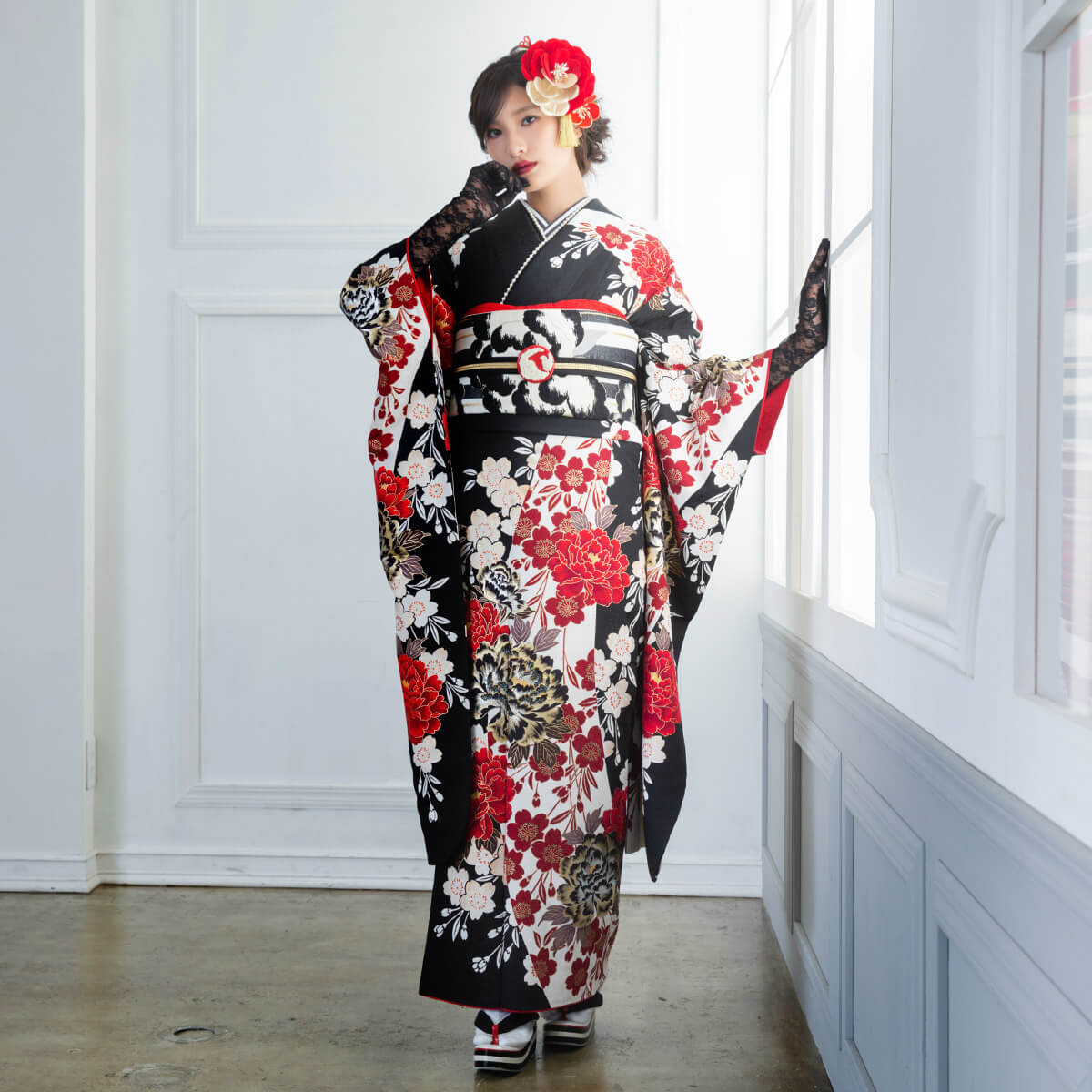 楽天市場】【成人式 振袖 レンタル】RS1359 正絹 黒 豪華金彩 牡丹桜