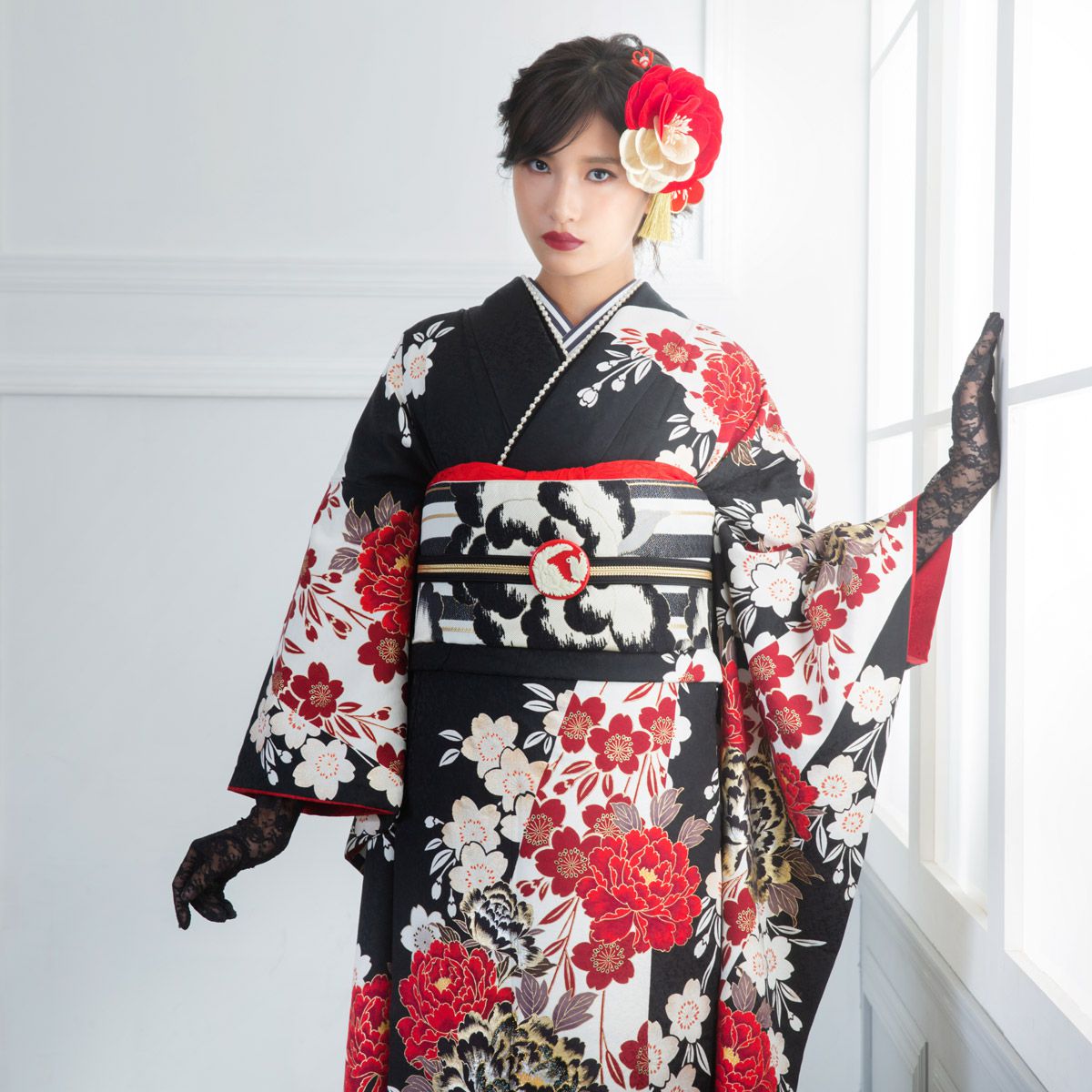 楽天市場】【成人式 振袖 レンタル】RS1359 正絹 黒 豪華金彩 牡丹桜