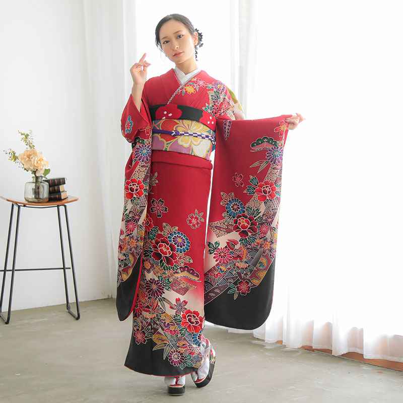 楽天市場】【成人式 振袖 レンタル】RS1362 正絹 赤 紅型風 花熨斗鴛鴦