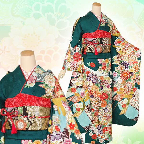 楽天市場】【成人式 振袖 レンタル】RS1374 正絹 緑 熨斗に花くす玉