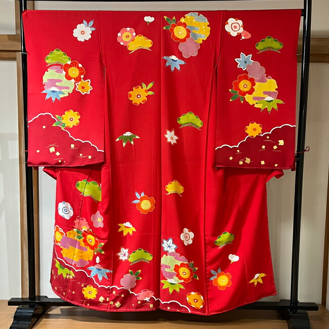 Katy☆ 正絹小紋 丹後ちりめん 七五三 手ざし友禅 反物 赤 蝶々と鞠