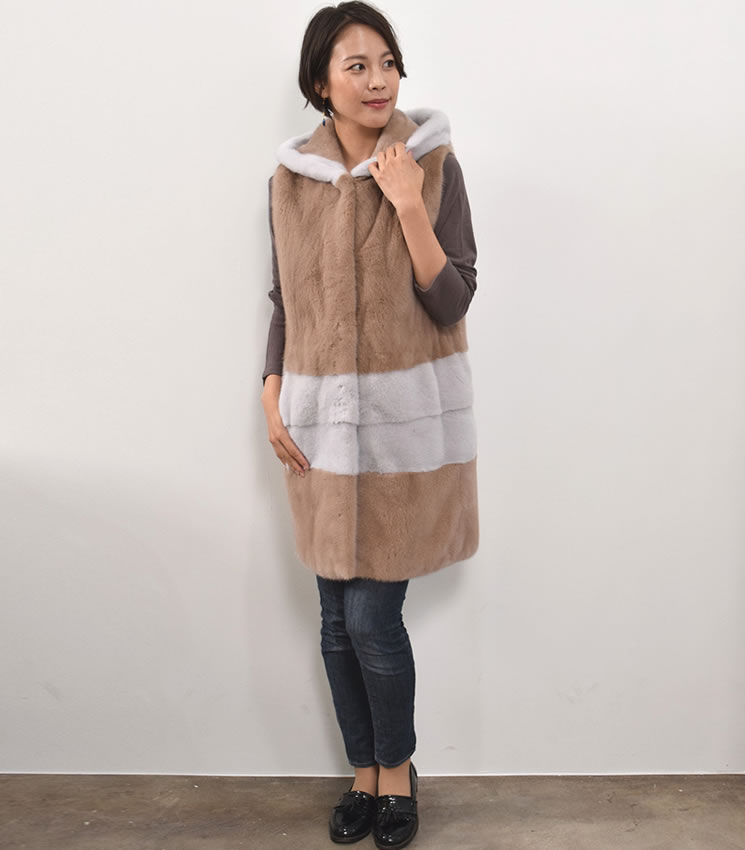 楽天市場】SAGA ミンク ファー ロング丈 ベスト フード付 毛皮 ファー