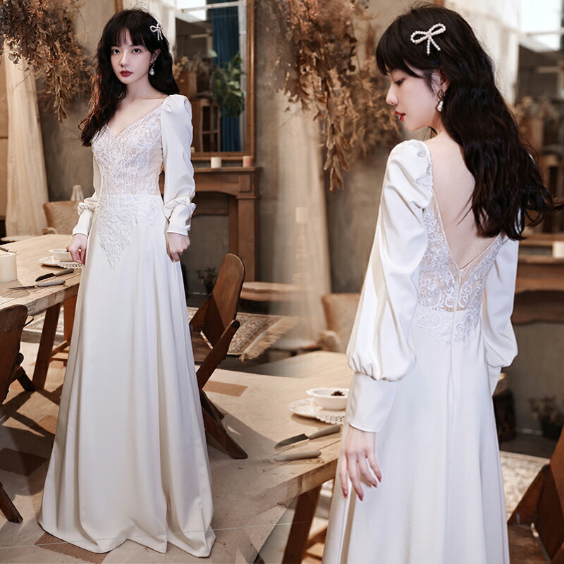 楽天市場】カラードレス ファスナー シャンパン 長袖 Vネック