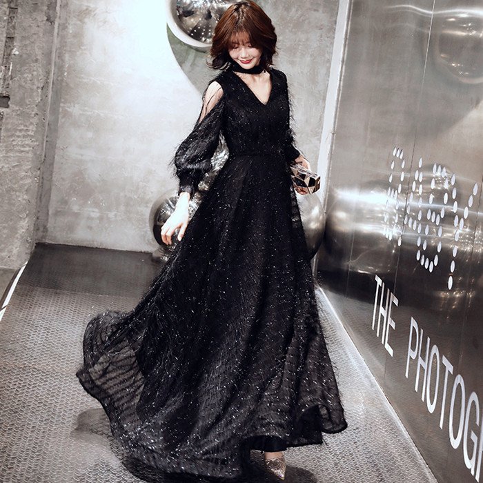 楽天市場】カラードレス 黒 演奏会用ドレス 長袖 パーティードレス