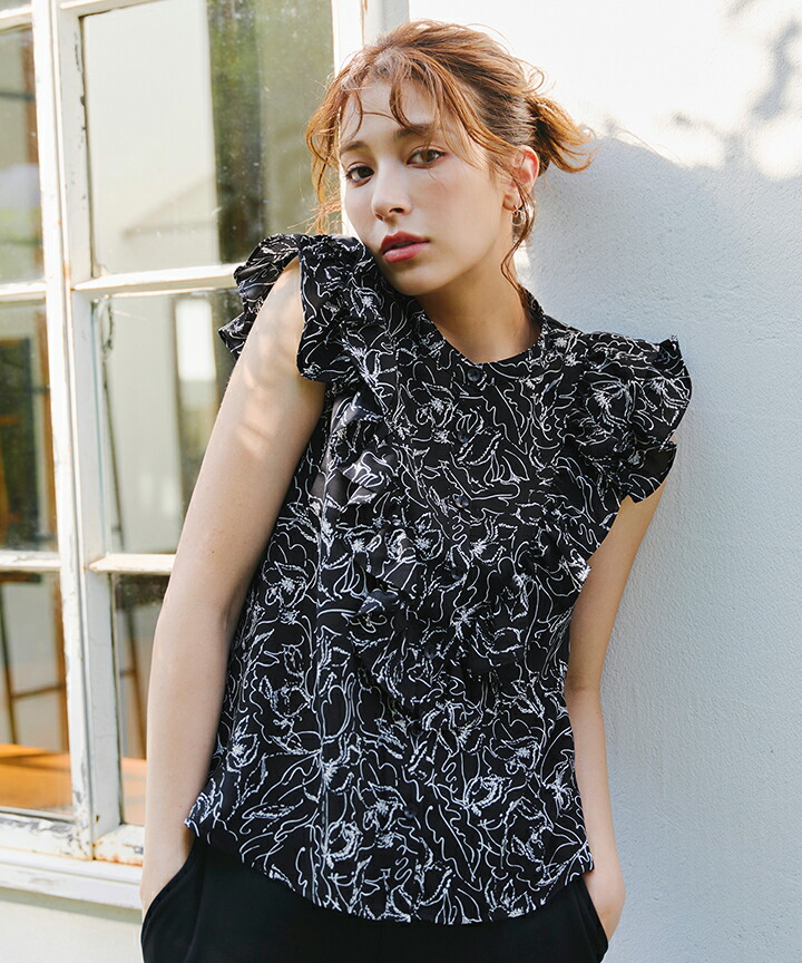 D＆G 花柄フリル袖ブラウス 半袖 黒 ボウタイ リバイバル】花柄