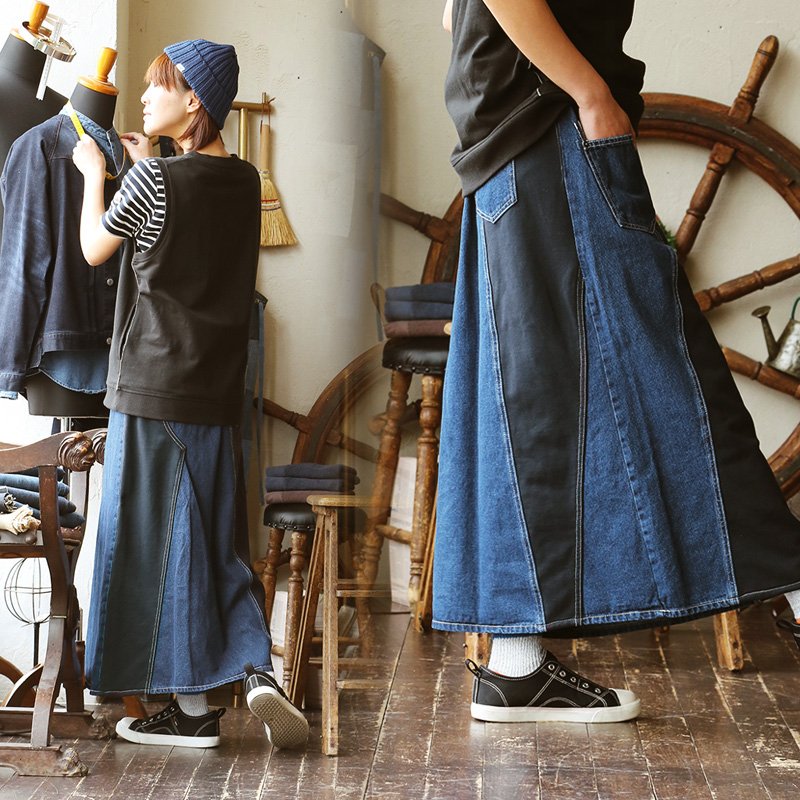 楽天市場】ロングスカート Aライン デニム × スウェット裏毛 コンビ
