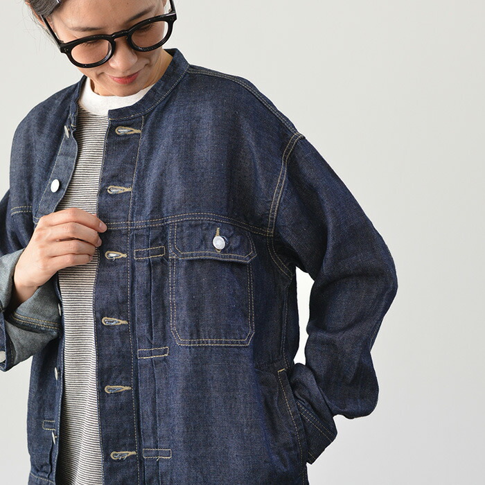 ハンズオブクリエイション 麻リネンデニム ノーカラージャケット G