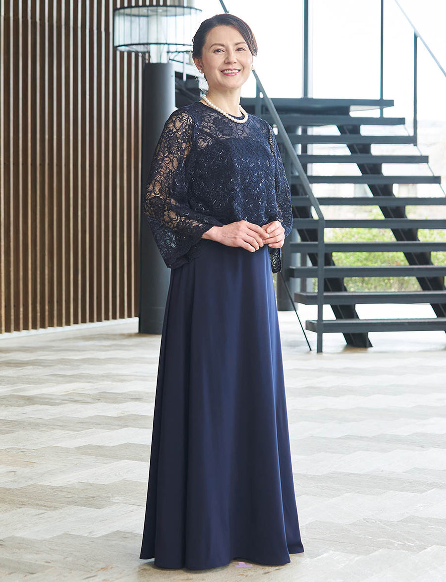 結婚式 母親ドレス ダークネイビーレース・マザーズドレス 長袖 MD0408