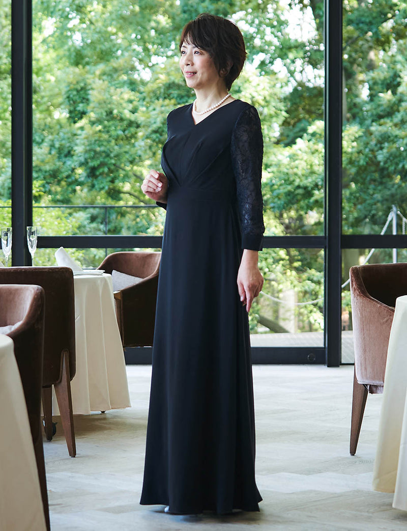 結婚式 母親ドレス ダークネイビー・マザーズドレス レース袖付き
