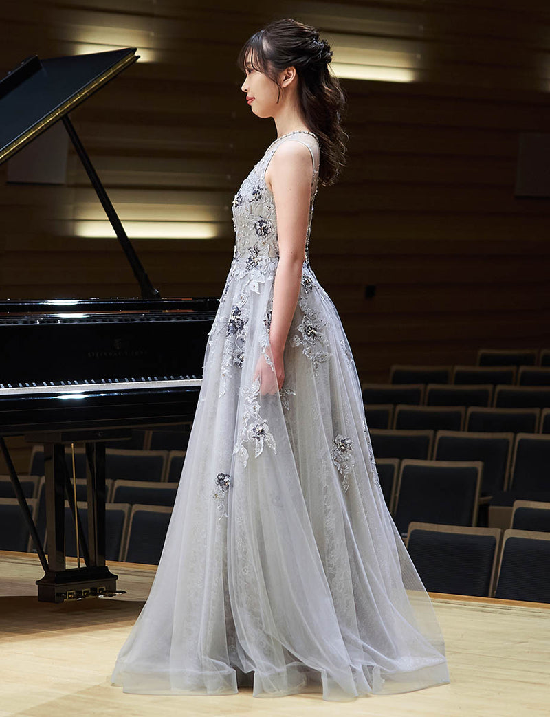 ロングドレス シルバー 花柄レース ノースリーブ 演奏会・ステージ
