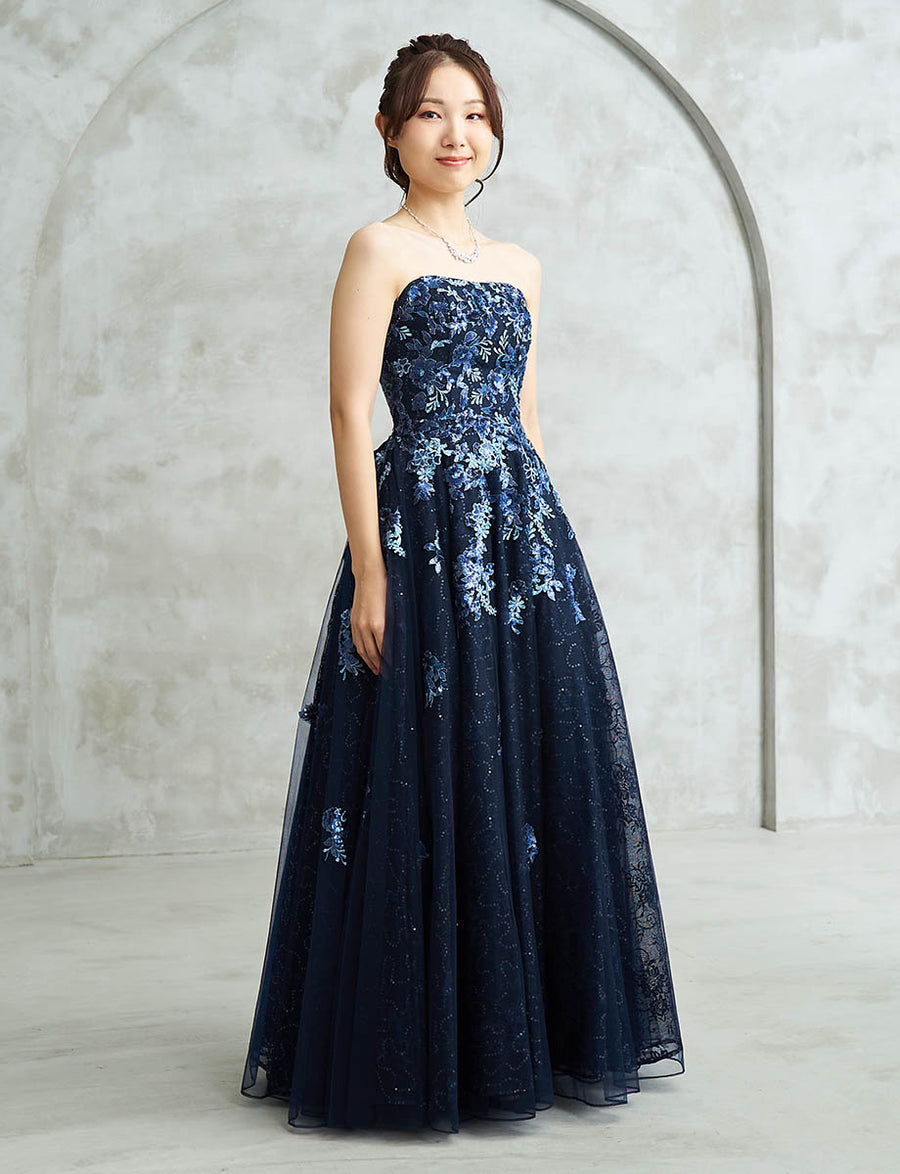 ダークネイビー ロングドレス ベアトップ スパンコールレース チュール