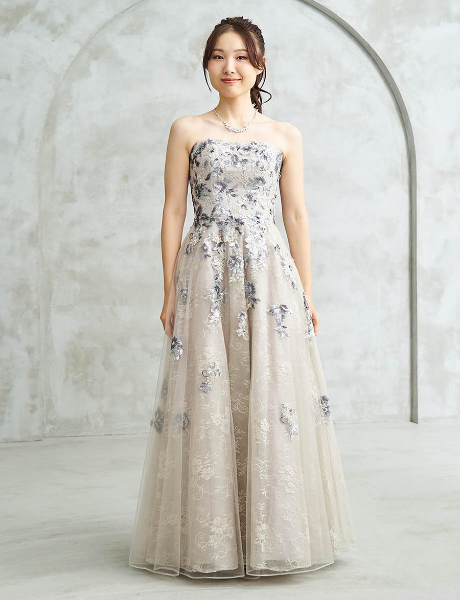 シルバー ロングドレス ベアトップ スパンコールレース チュール 肩