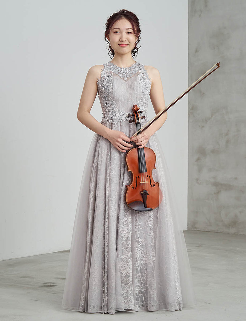 ロングドレス シルバーグレー アメリカンスリーブ チュールレース 演奏