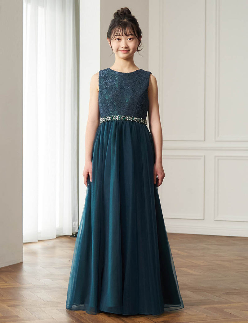 レース×チュール ジュニアロングドレス ダークグリーン・TWJ9505-DGN
