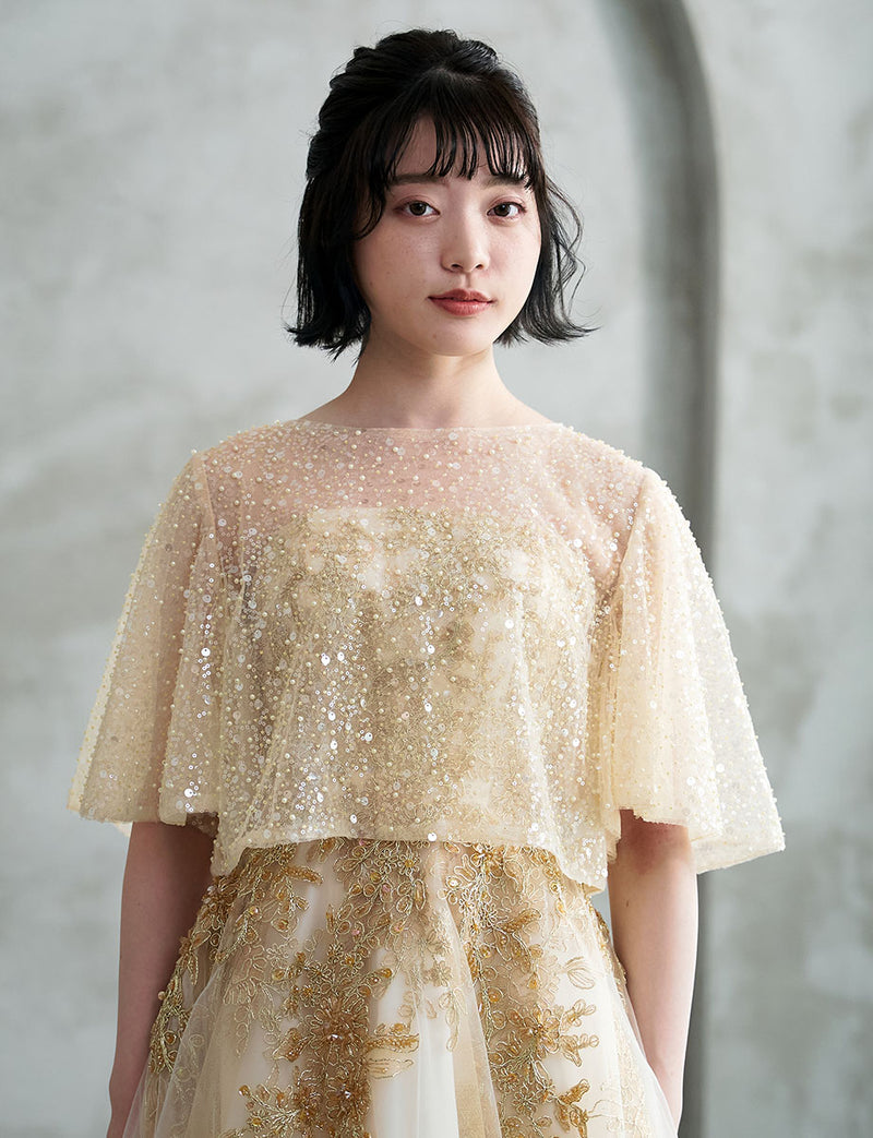 スパンコールチュールレース フレアスリーブロング丈ボレロ シャンパン