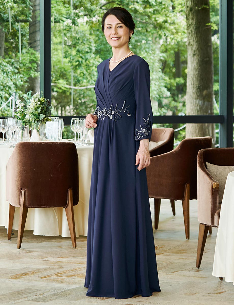結婚式 母親ドレス・マザーズドレス MD0223-DNY ネイビー 長袖（八分袖