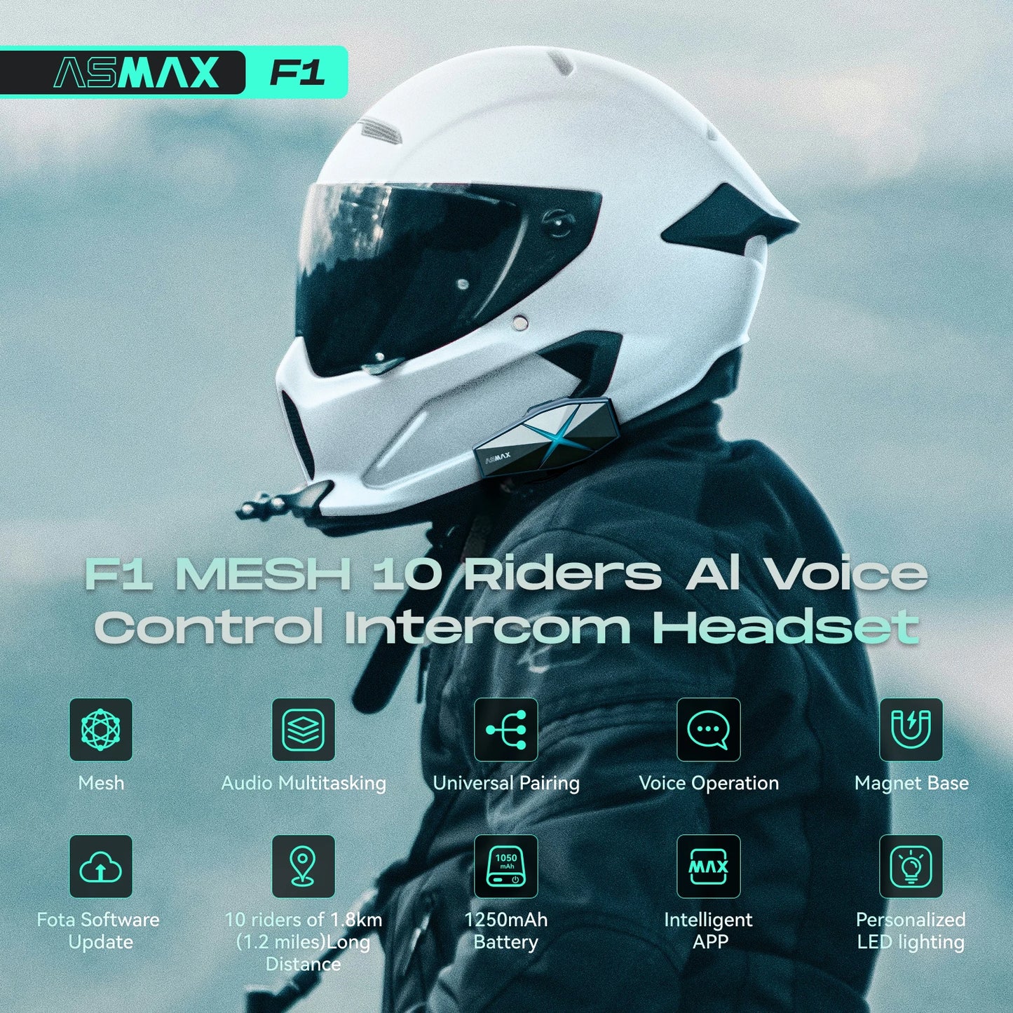 ASMAX F1 Motorcycle Helmet Headphones Mesh Intercom for 10 Riders