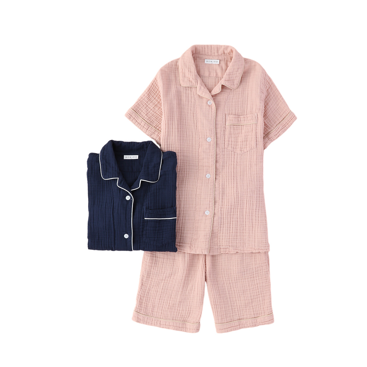 クレープガーゼパイピング半袖レディスパジャマ（RPS21842）-UCHINO