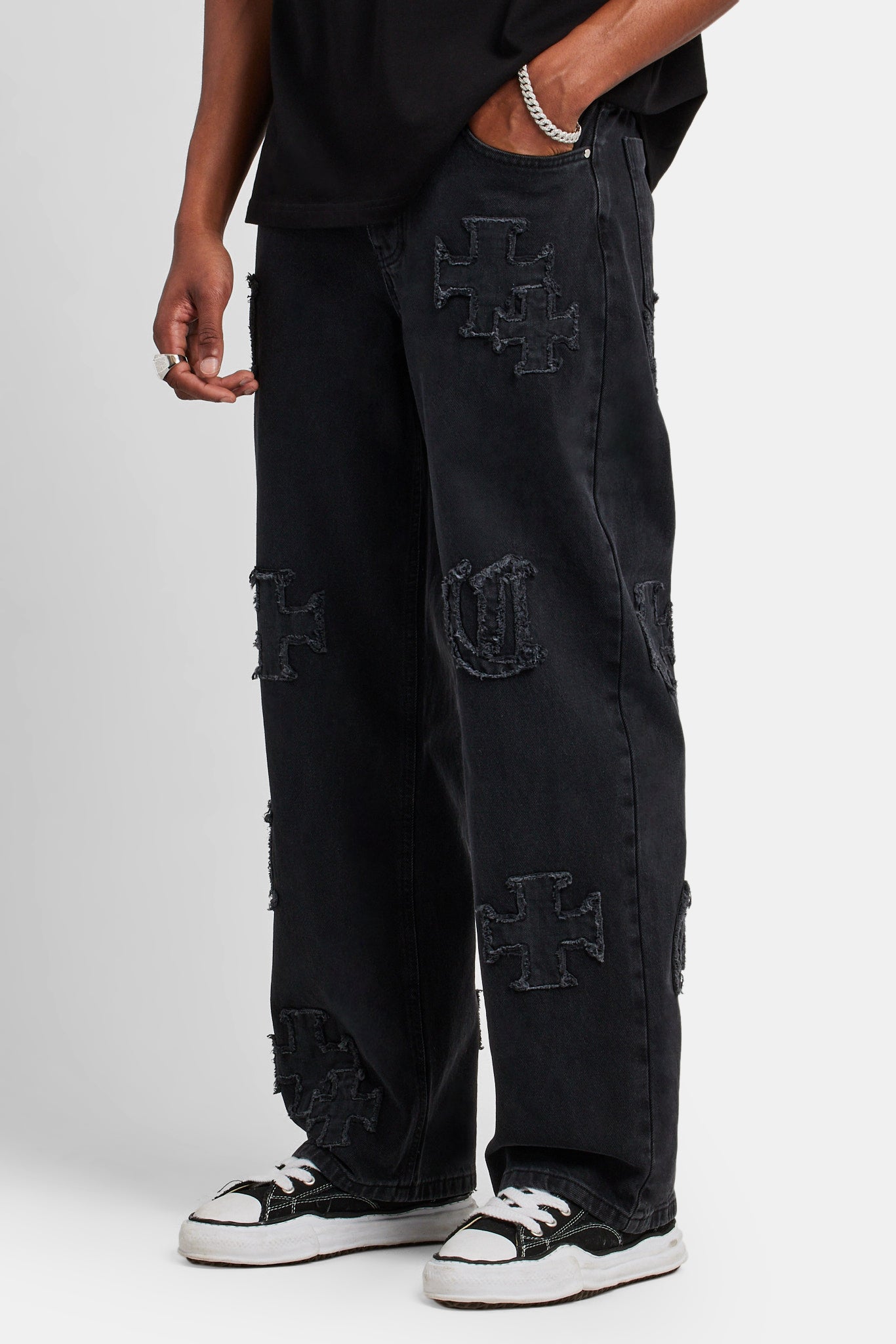 Baggy Raw Edge Applique Jeans - Washed Black | Mens Denim | Shop
