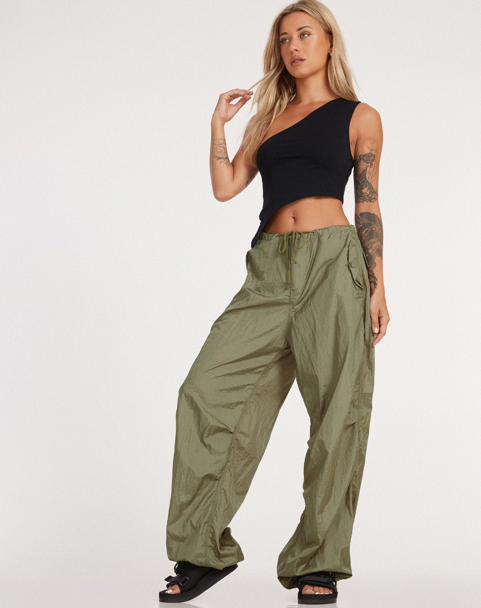 Silver Green Wide Leg Parachute Trousers | Chute – motelrocks-com-us