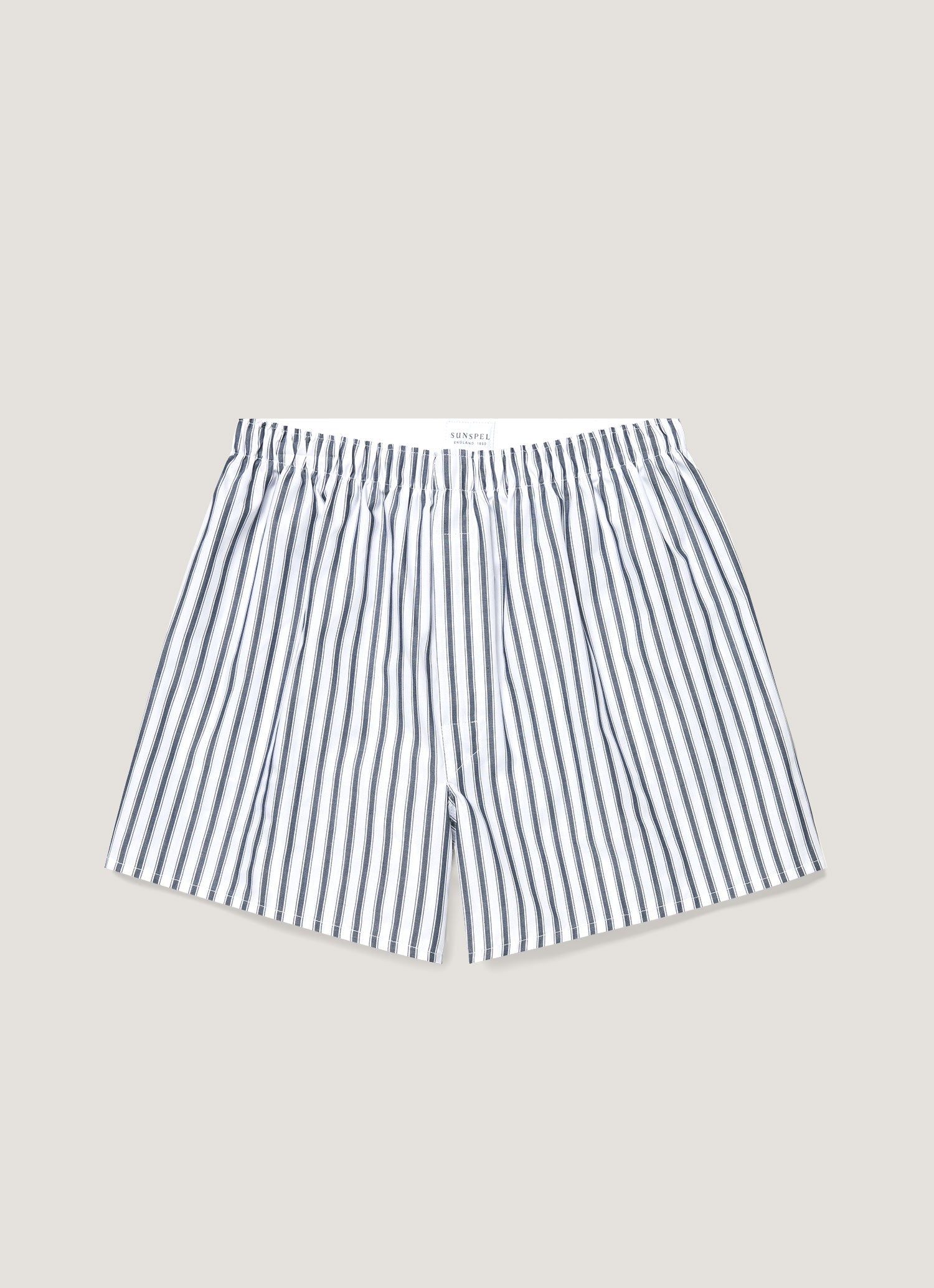 Men's Classic Boxer Short in White/Navy Stripe | Sunspel