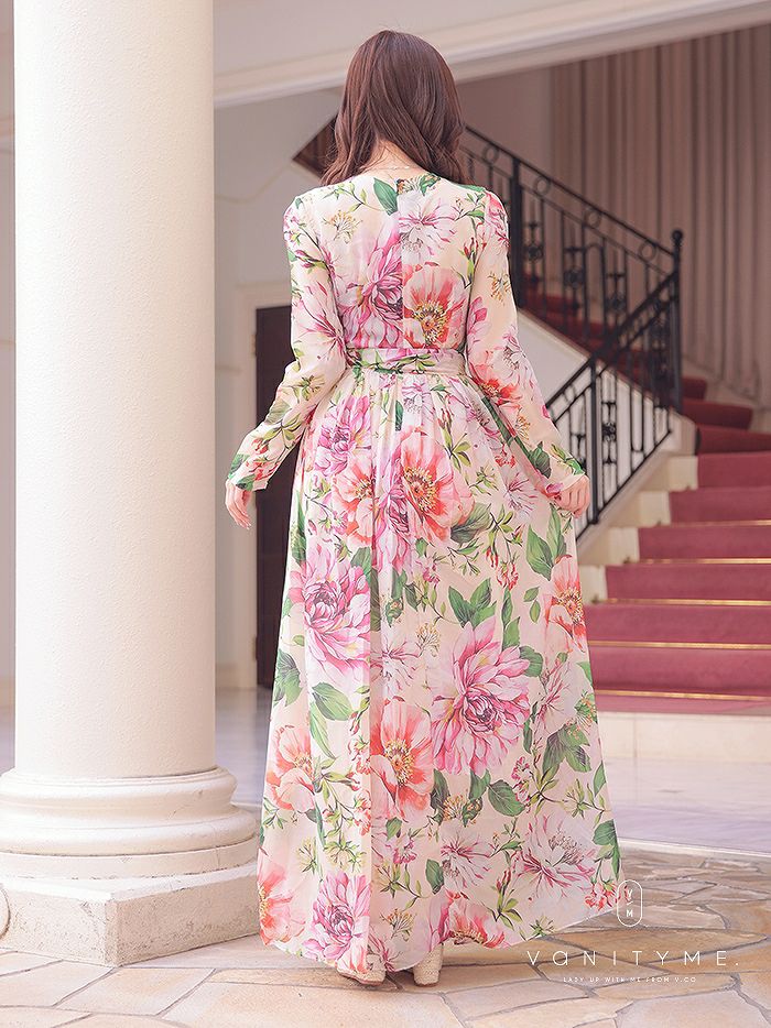 vanityME. [ピンク] 大人 エレガント花柄 長袖 きれいめ ロング丈