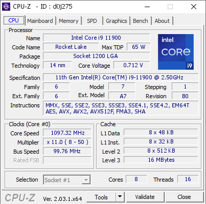 Intel Core i9 11900 @ 1097.32 MHz - CPU-Z VALIDATOR