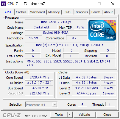 Intel Core i7 740QM @ 1728.74 MHz - CPU-Z VALIDATOR