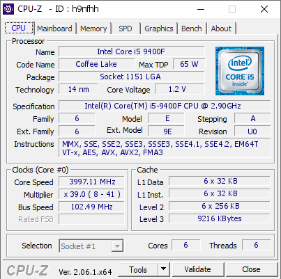 Intel Core i5 9400F @ 3997.11 MHz - CPU-Z VALIDATOR