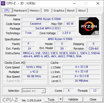 AMD Ryzen 5 5500 @ 4199.1 MHz - CPU-Z VALIDATOR