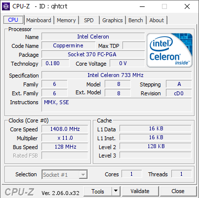 Intel Celeron @ 1408 MHz - CPU-Z VALIDATOR