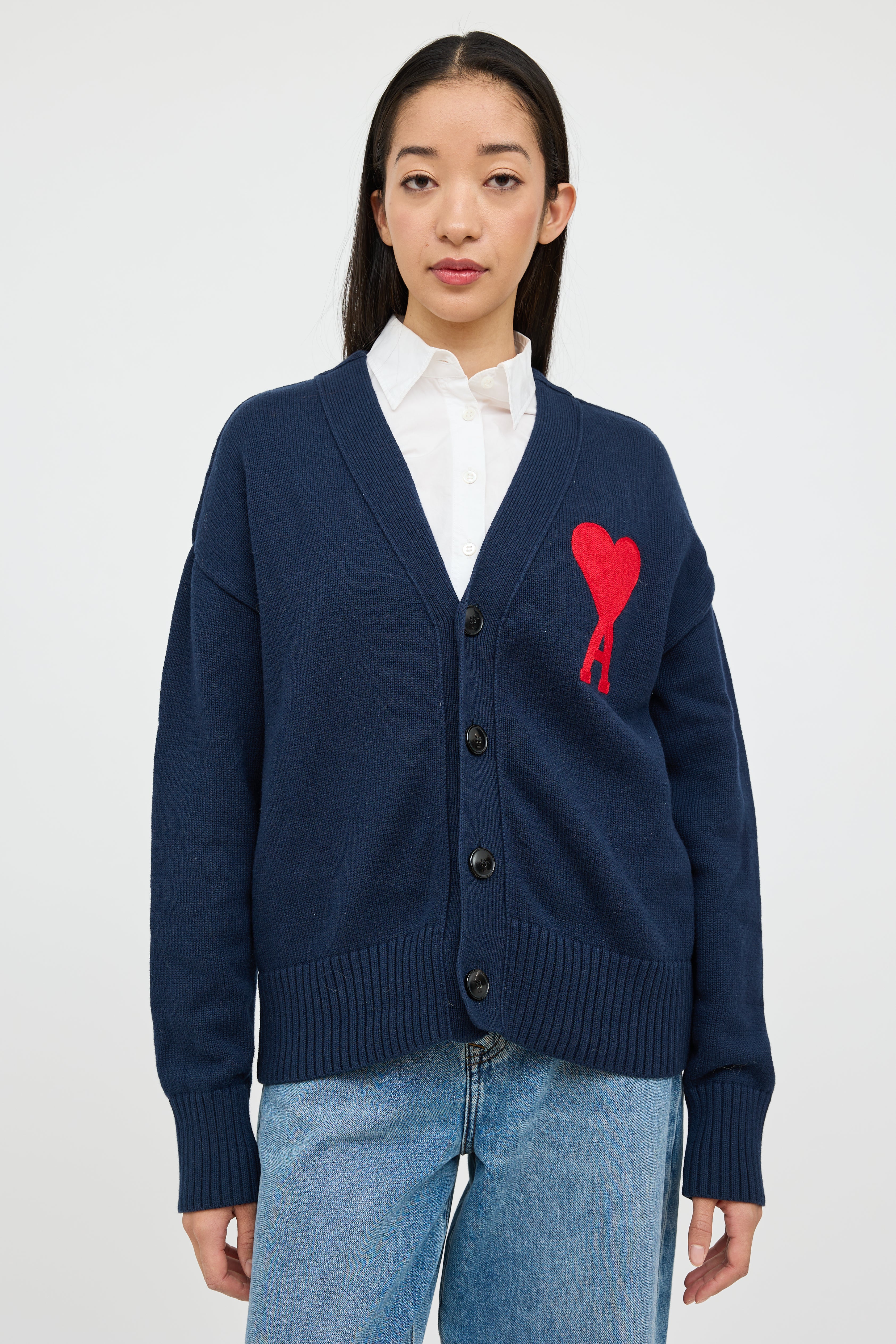 AMI Paris // Navy & Red Knit Heart Cardigan – VSP Consignment